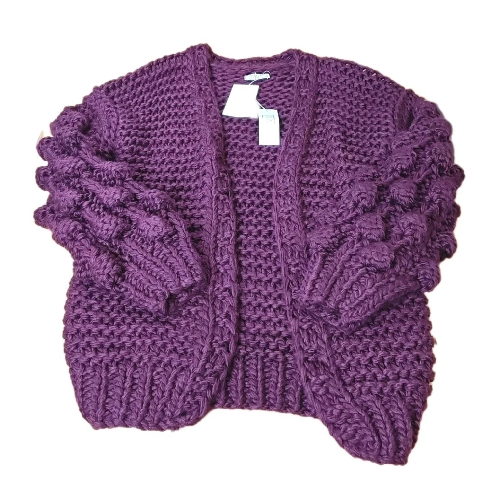 Sage The Label Mina Cardigan Med Lg Burgundy Purple Bobble Fuzzy Cable Knit Nwt